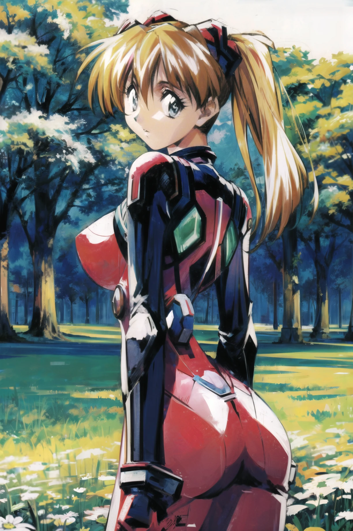 masterpiece, best quality, 1girl, looking at viewer, ultra detailed, <lora:add_detail:0.5>, forest trail, winding path, sunlight filtering through trees, nature walk, <lora:yamashita_toshinari_FW:1> , <lora:asukaLangleySoryuEVA_asuka:1>, ASUKA, RED_BODYSUIT