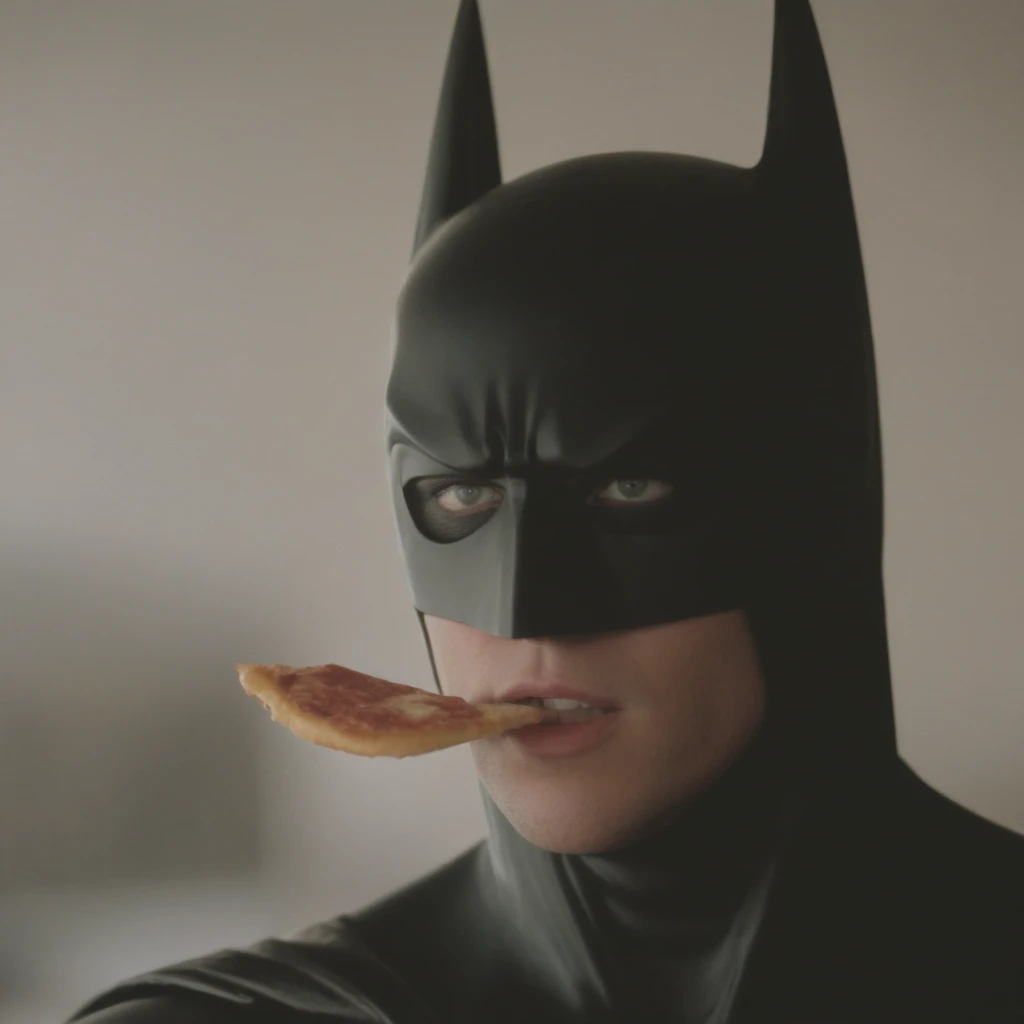 Ultra-realistic extraordinarily detailed 8k masterpiece of a young val kilmer batman (((eating pizza))) at a restaurant, dramatic epic lighting, awesome composition <lora:kilmer batman:0.775>, eating, very cheesy pizza, extremely detailed eyes mouth and facial features, sharp clear, clean image, cinematic