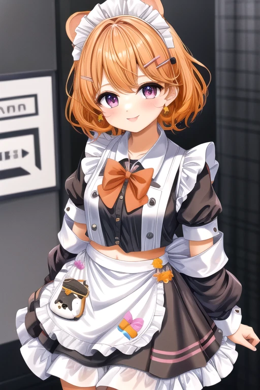 eimi, (solo),open jacket, middriff, short skirt, short sleeve collared shirt, hairclip, shoes, small hamster ears, hamster girl, curly hair, short hair, orange hair, black scrunchie, orange ribbon,  <lora:add_detail:0.8>, purple gradient pink eyes,  big eyes, virtual youtuber, <lora:hyperrefiner_v090:0.7>,   <lora:EIMI-PC-V2_1:0.7>, close up, two toned shirt, 
((((maid outfit)))), smiling, slightly squinting eyes