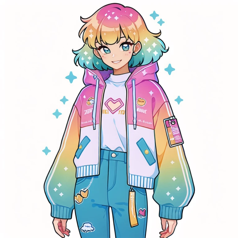 (Best quality,masterpiece:1.2), <lora:flat-000016:0.6>
illustration\(outline\), 1girl, solo, smile, cowboy shot,(looking at viewer:1.2),sparkle, gradient, 
(gradient hair, multicolored hair:1.2),pink hair,short hair, medium hair,blue eyes, bangs, aqua eyes,green hair,orange hair,hand up,puffy sleeves, 
hoodie, hooded jacket,white shirt, white hoodie,blue pants, jacket, shirt, pants,hood down, drawstring, long sleeves, print shirt,puffy long sleeves, chain, 
cup, cloud, bubble tea,  drinking straw,  liquid,  heart, star \(symbol\), white background, simple background,