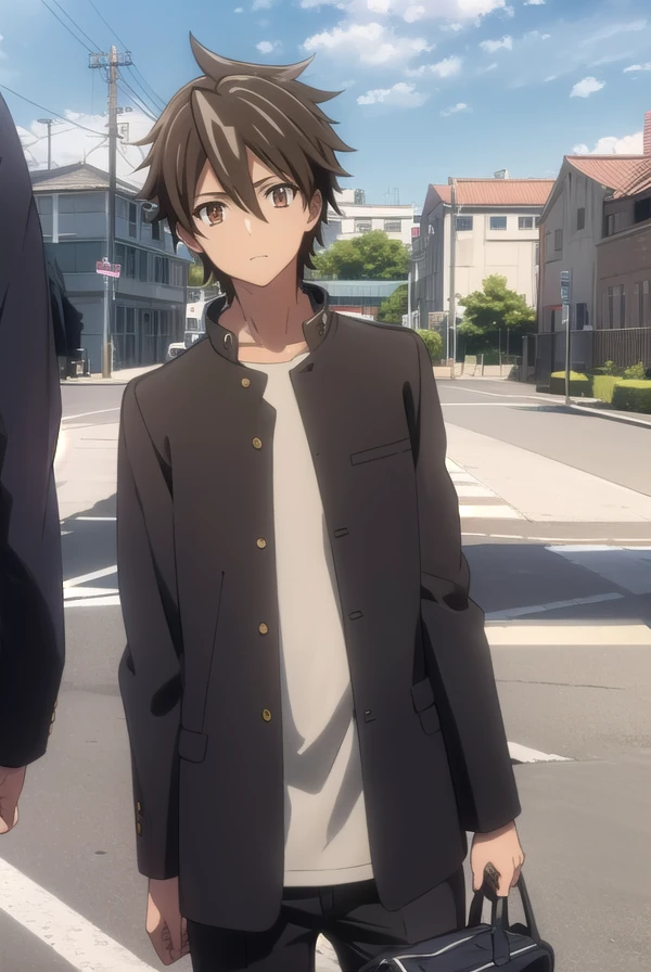 takashikomuro, <lora:takashi komuro s1-lora-nochekaiser:1>,
takashi komuro, short hair, brown hair, black hair, (brown eyes:1.5), male focus,
BREAK school uniform, black jacket, gakuran,
BREAK outdoors, city, zombies, sun, sky, clouds, cars,
BREAK looking at viewer, (cowboy shot:1.5),
BREAK <lyco:GoodHands-beta2:1>, (masterpiece:1.2), best quality, high resolution, unity 8k wallpaper, (illustration:0.8), (beautiful detailed eyes:1.6), extremely detailed face, perfect lighting, extremely detailed CG, (perfect hands, perfect anatomy),