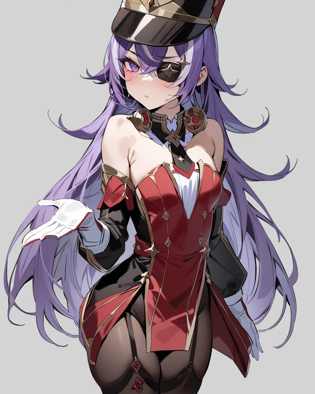 masterpiece,best quality,<lora:hevreuse_4dim:1>, 1girl,hat,shako cap,purple hair,long hair, eyepatch, purple eyes,detached collar, necktie,bare shoulders,detached sleeves,dress,white gloves,black pantyhose, garter straps,white thigh boots, grey background,