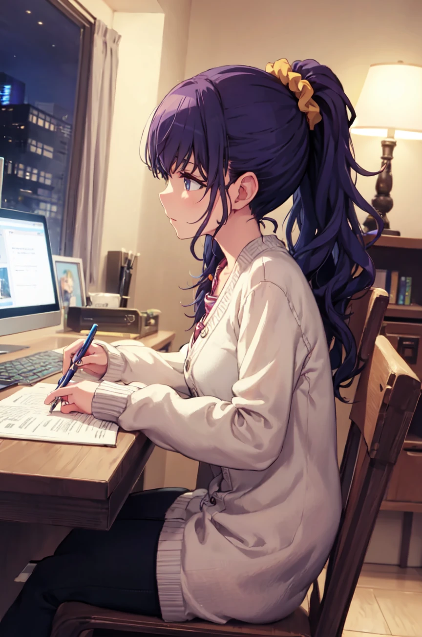 amafuyu, shirt, hair ornament, long sleeves, holding, sitting, closed mouth, ponytail, open clothes, indoors, from side, cup, profile, night, chair, table, scrunchie, cardigan, high ponytail, curtains, holding cup, desk, hair scrunchie, blue theme, mug, pen, lamp, dark, computer, open cardigan, bedroom, holding pen, desk lamp