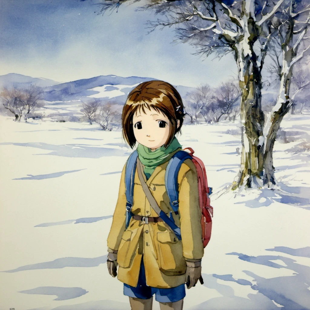 masterpiece, best quality, 1girl, shiina_figure17fsefgas, fine-face, detailed face, looking at viewer, sad smile, snow_field, [school_backpack], upper body, child, classic painting by Yoshitoshi Abe,  watercolor, <lora:figure17Lora_XL-000004:1>