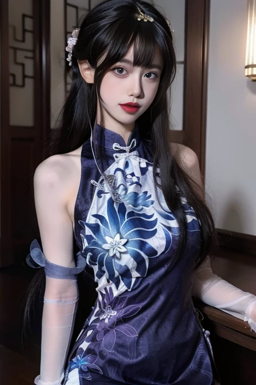 ltra-detailed,highly detailed,best quality,masterpiece,illustration,realistic,photorealistic,
1girl, solo,
yinziping, lantingyue, chinese clothes, china dress,qipao,blue dress, bare shoulders, detached sleeves, floral print, sleeveless dress, see-through, covered navel,
black hair, long hair, bangs, hair bun, hair ornament,
upper body, looking at viewer,
<lora:yinziping lantingyue_v2_06:0.7>