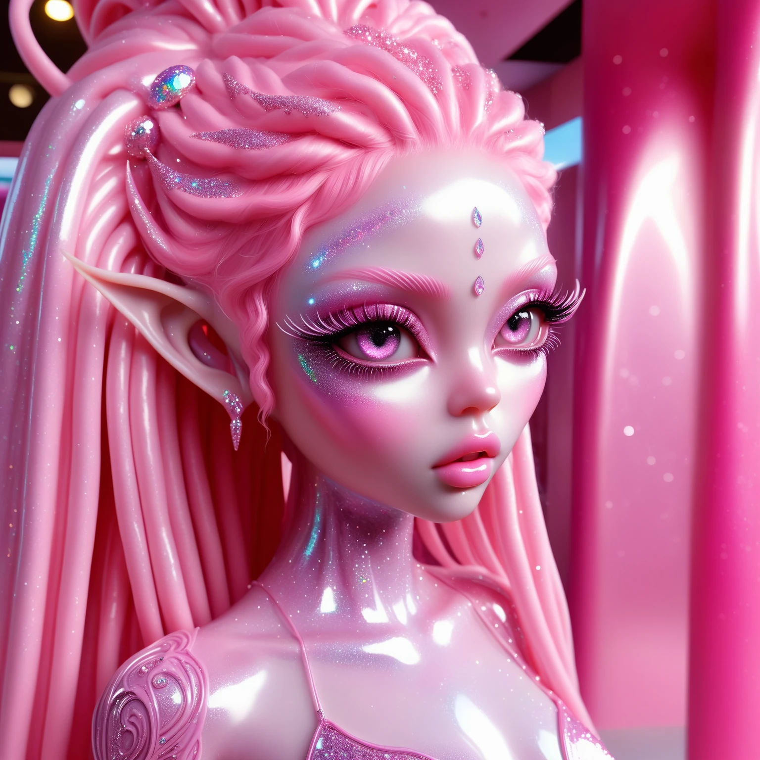 <lora:DGlitter:0.8> full body shot of a beautiful statue alien elf girl with big eyes and huge lips , glitter shiny skin , pink glitter skin , colored skin , long pink sparkle hair , glitter opal dress , in a magical pink royal waterpark , 8k , realistic ,highly detailed , beautiful detailed face, slim body , full body , masterpiece , high quality