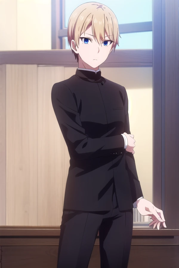 miyukishirogane, <lora:miyuki shirogane s3-lora-nochekaiser:1>,
miyuki shirogane, blonde hair, male focus, blue eyes,
BREAK school uniform, pants, gakuran,
BREAK indoors, classroom,
BREAK looking at viewer, (cowboy shot:1.5),
BREAK <lyco:GoodHands-beta2:1>, (masterpiece:1.2), best quality, high resolution, unity 8k wallpaper, (illustration:0.8), (beautiful detailed eyes:1.6), extremely detailed face, perfect lighting, extremely detailed CG, (perfect hands, perfect anatomy),