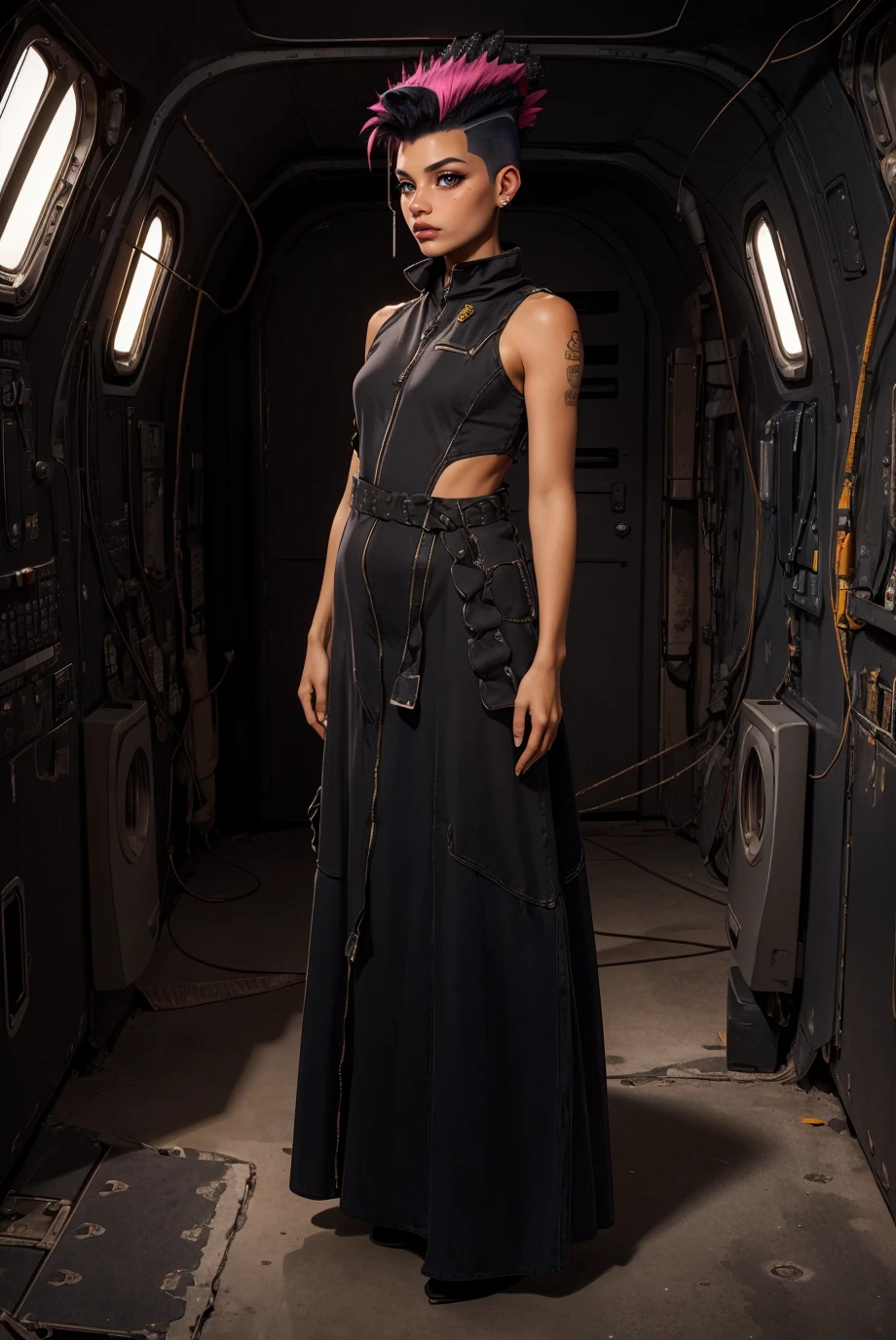 wide angle, (space ship:1.2), full body,  cinematic,Post World War photo in a desolate wasteland planet Z, odd shaped trees made from human flesh, (full body photo:1.3), (Short Mohawk with Shaved Sides:1.4),d3m0ndr3ss, <lora:w4st3l4nd1-08:0.75>, w4st3l4nd_1, long dress, zippers, best quality, high detail, high quality, high res, 4k,eyeliner, pouty lips, blue eyes,  detailed skin texture,  (blush:0.5)