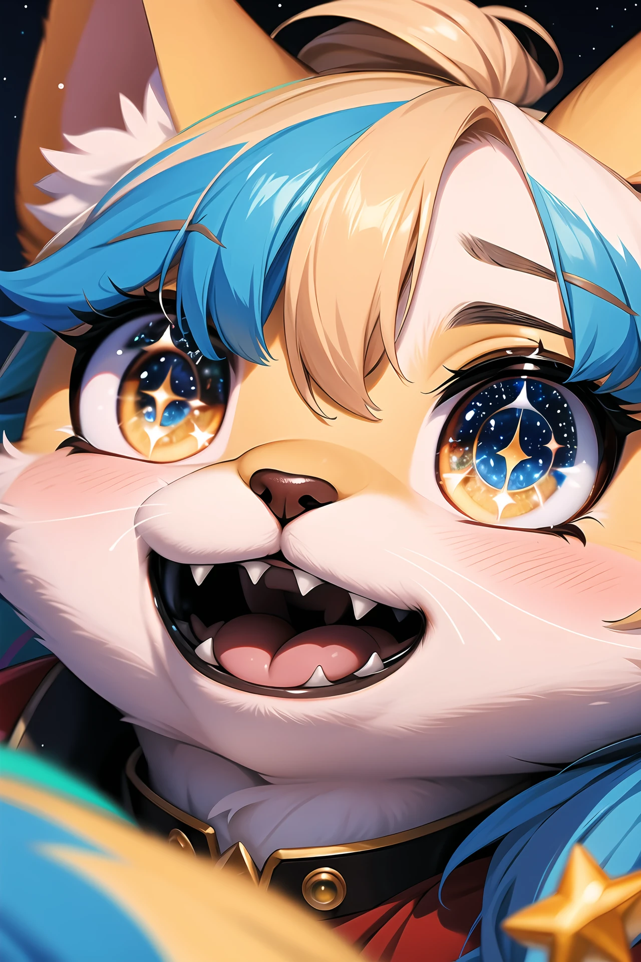 (furry:1.2), realistic fur, details down to every fluff, big eyes, A ****** anime *** with close - up eyes, sparkling eyes, close - up, two eyes looking forward, long eyelashes, bangs, surrounded by many colorful stars, brilliant colors, meteors, MilkyWay, colorful star clusters, close - up shots, oil painting style, very obvious oil painting minimalist palette style, 32k uhd, beautiful booru, old era, color manga