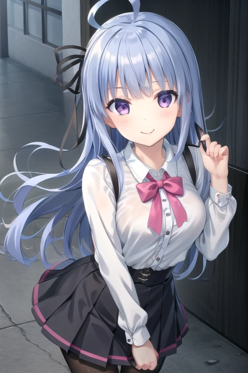 ((masterpiece)),(best quality),official art,extremely detailed CG,unity 8k wallpaper,ultra detailed,beautiful detailed eyes,extremely detailed face,1girl,solo,cowboy shot,looking at viewer,facing viewer,smile,ahoge,blue hair,very long hair,hair ribbon,black ribbon,sidelocks,bangs,purple eyes,collared shirt,white shirt,pink bow,long sleeves,medium breasts,black skirt,pleated skirt,frilled skirt,black pantyhose,black footwear,cross-laced footwear,lace-up boots,<lora:Karen Hikosaki(pa):0.6>,