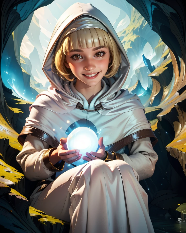 astrea,blonde hair,blunt bangs,brown eyes,
hood,white dress,holding blue magic orb of awesome power,
solo,sitting,long sleeves,smiling,
dark cave,
(insanely detailed, beautiful detailed face, masterpiece, best quality) cinematic lighting,<lora:astrea-10DSRv7:0.7>,