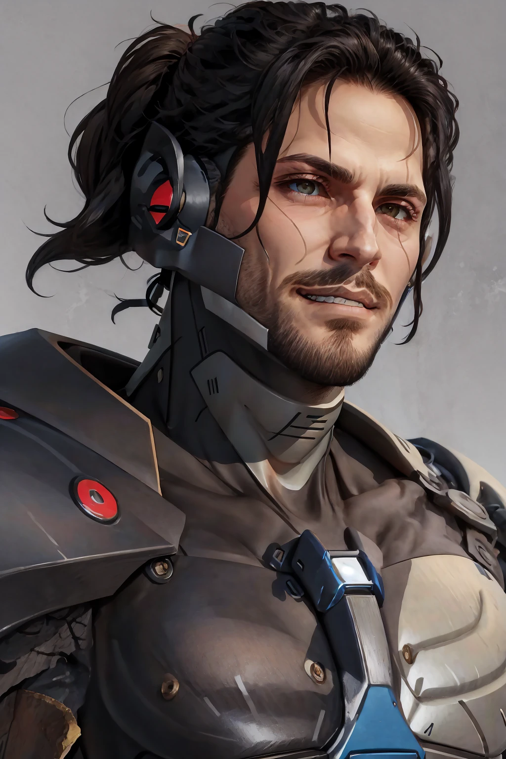 1boy, <lora:TCV:0.6>, seductive smile, Jetstream Sam, facial hair, male focus, beard, cyborg, <lora:Char_MGR_JetstreamSam:0.75>, smirk,
