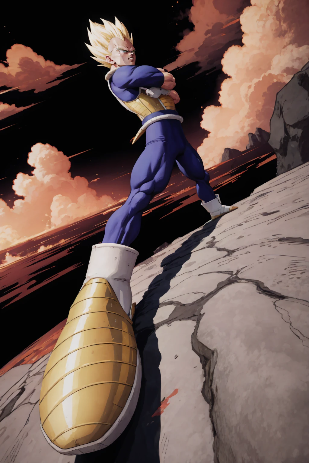 1guy, masterpiece, best quality, absurdres, wallpaper, detailed face, detailed eyes, Vegeta , full body, Sayian armor, massive bulge , laying spreadlegs , legs up