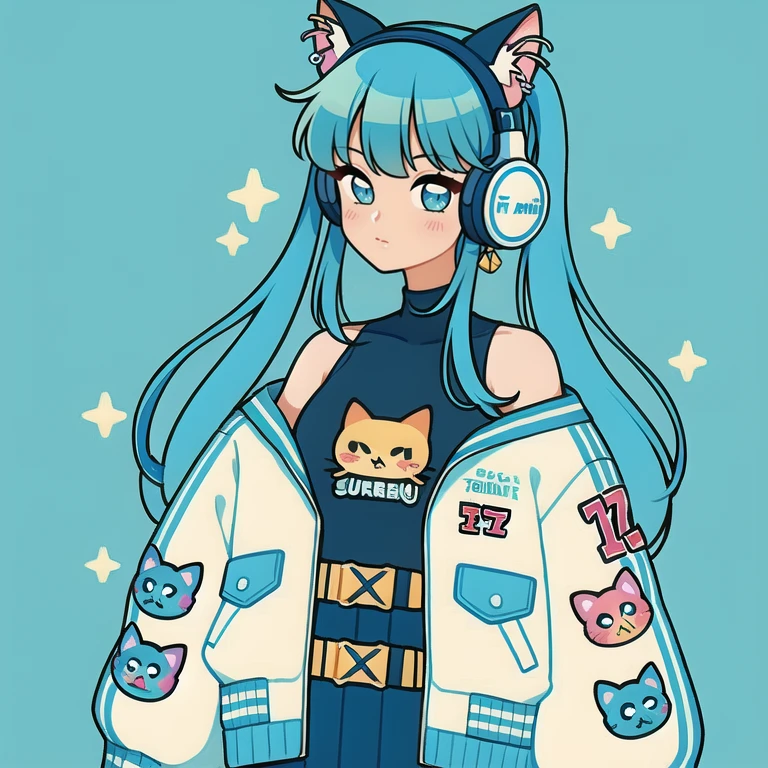 (Best quality,masterpiece:1.2), <lora:flat-000016:0.6>
illustration\(outline\),1girl, solo,cowboy shot, upper body,looking at viewer, blue theme,twintails,
blue eyes,aqua hair,blue hair, long hair, liquid hair, aqua eyes,
(letterman jacket,jacket:1.2),open clothes,shirt, puffy sleeves, jewelry, earrings,long sleeves, piercing,sleeveless shirt,black shirt,
bangs,pocket,blush,animal ears,animal ear headphones, cat ear headphones, sparkle, bare shoulders, shirt,drink, bubble tea,animal on shoulder,cat,black cat,
belt,  long sleeves, fish, fish print,water,skirt,simple background,blue background,  star \(symbol\),