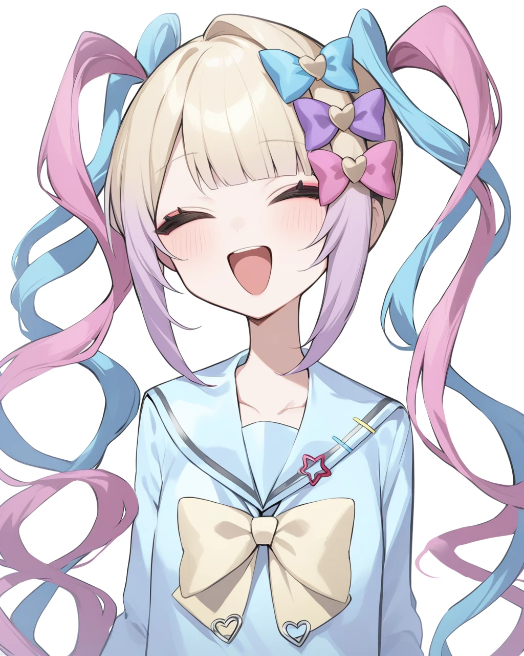 masterpiece,best quality,<lora:chouzetsusaikawa_tenshi-chan:1>,1girl, bow, hair_bow, quad_tails, school_uniform, pink_hair, purple_bow, blonde_hair, smile, multicolored_hair, blue_hair, chibi, serafuku, open_mouth, simple_background, white_background, closed_eyes, sailor_collar, >_<, multiple_hair_bows, long_sleeves, upper_body, :d, shirt, long_hair, bangs, solo, twintails, pink_bow