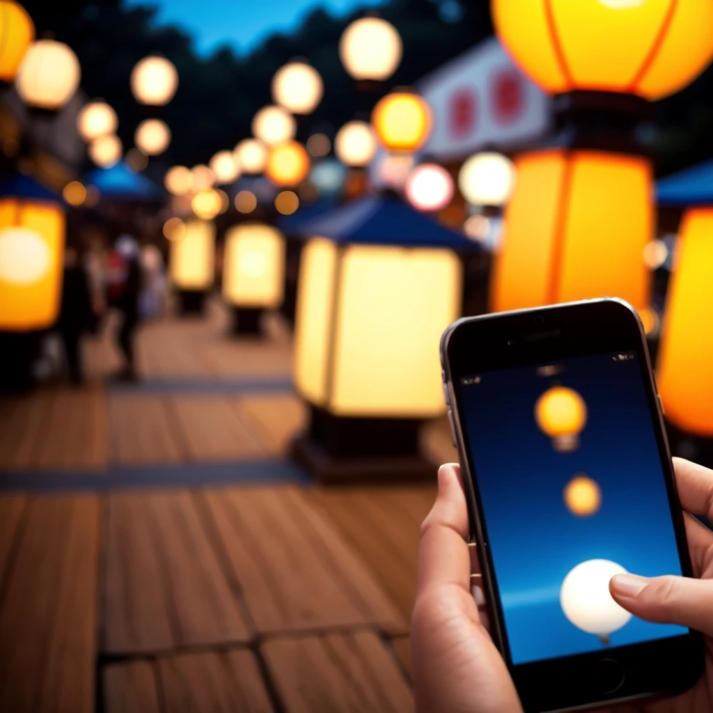 bracelet, lantern, pov hand, smartphone, festival, night, <lora:lantern_and_smartphone_v1:0.5>