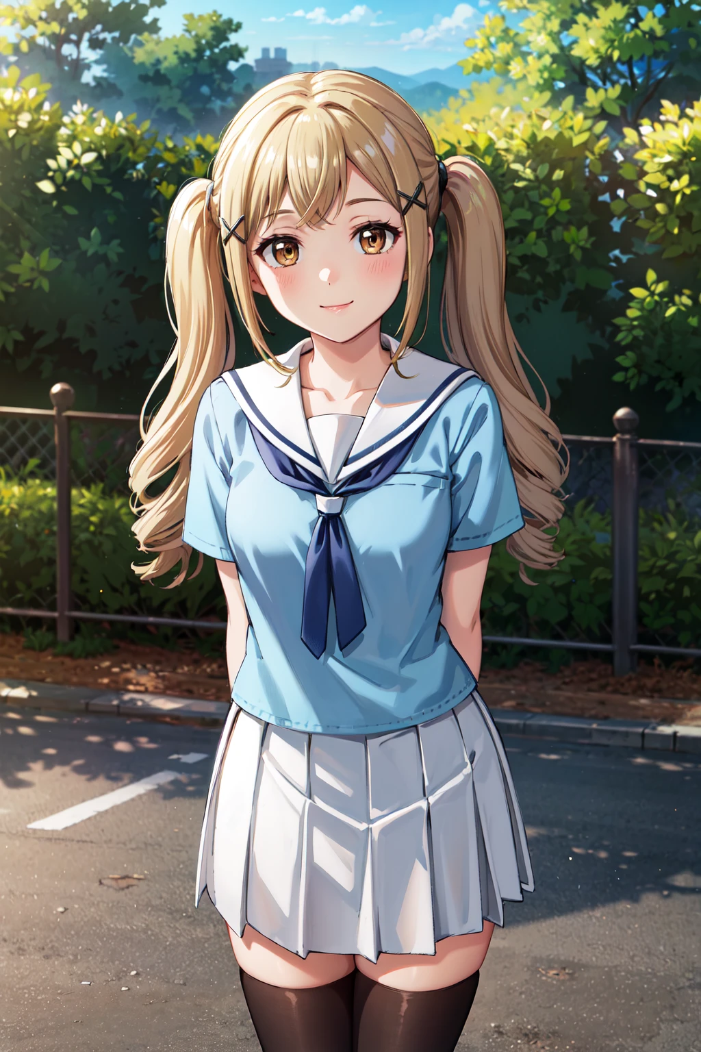 masterpiece,best quality,highres,ultra-detailed,bbarisa,long hair,twintails,bangs,x hair ornament,hanasakigawa school uniform,serafuku,white sailor collar,blue neckerchief,blue shirt,short sleeves,white skirt,black thighhighs,loafers,brown footwear,<lora:ichigaya_arisa:0.7>,outdoors,cowboy shot,smile,standing,arms_behind_back,