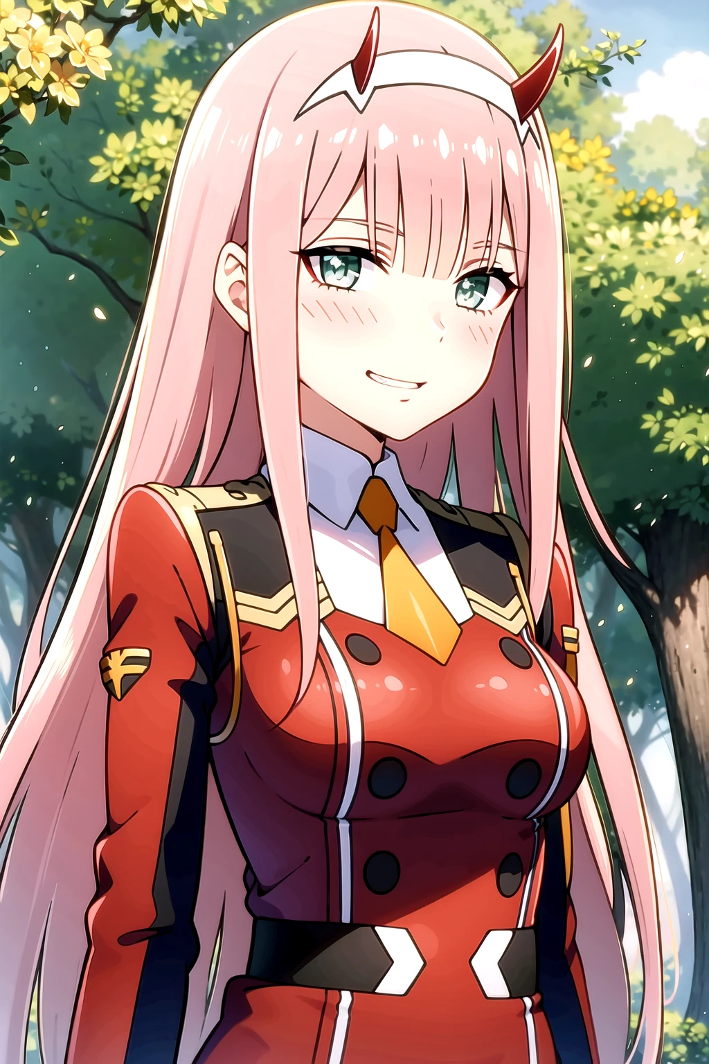<lora:ZeroTwo-09:0.7>, ZeroTwo, 1girl, solo, long hair, looking at viewer, smile, long sleeves, dress, medium breasts, very long hair, green eyes, standing, pink hair, pantyhose, hairband, parted lips, necktie, horns, grin, uniform, aqua eyes, black pantyhose, military, military uniform, red dress, straight hair, white hairband, short necktie, orange necktie, outdoors, forest, blue sky, upper body, blush, nose blush, closed mouth