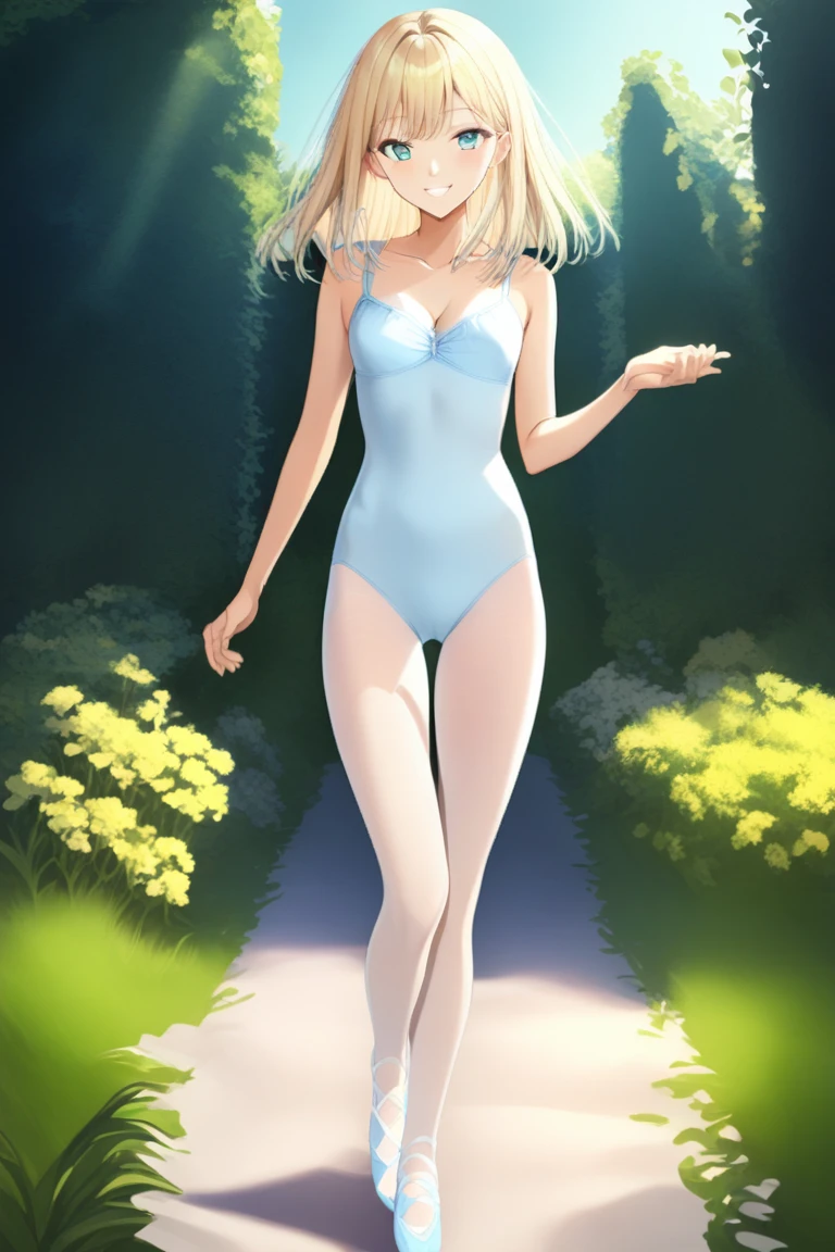 1girl,garden,cowboy shot,standing,smile face,<lyco:lowleo_SDXL_finetune_1e-3_6epochs_animagine_v3:0:1.5:lbw=WEARSDXL>,lowleo,(white pantyhose:0.4),blonde hair,lightblue ballet shoes