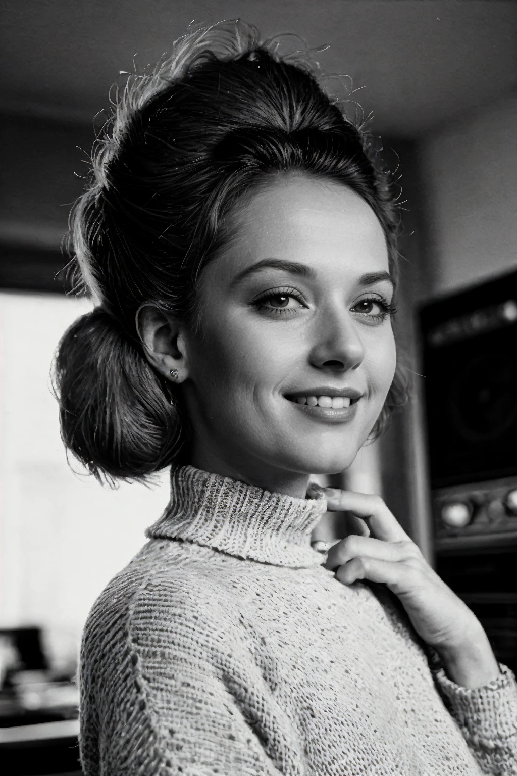 analog film photo solo, cstyle, realistic, 1girl, ((woman)), (((Rocking Poodle Updo Hairdo)):1.5), (((grin512:1.2))), ((Wearing a Sweater Twin Set)), ((Inside a 1950s Radio Station: DJ, spinning records, blinking soundboard)), (((Standing with one hand waving))), (monochrome, grayscale, black and white photo), PA7_Photo-BW, PA7_Human-Likeness, PA7_Photo, PA7_Portrait-HL_v2, high detailed, 8k, clear facial features, pastel themed colorgrade, by Weegee (Arthur Fellig), <lora:PAseer-SD15-LCM Quick:1> <lora:ReaLora:.2> skin <lora:CStyle_-_Photography_Style:.2> <lora:[US]_-_Tippi_Hedren:1> tippihedren  . faded film, desaturated, 35mm photo, grainy, vignette, vintage, Kodachrome, Lomography, stained, highly detailed, found footage
