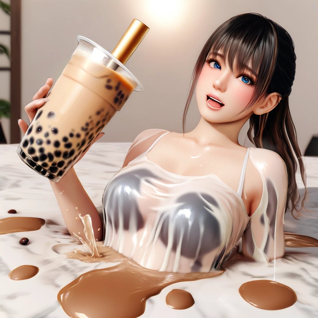 masterpiece, best quality, bubble tea style, liquid clothes, nanami, looking at viewer, blush, splashing, open mouth, blue eyes, bubble tea liquid, bubble tea challenge, tongue out, bubble tea on breasts, bubble tea bedroom, spread legs, from below, sitting on liquid, liquid ceiling, liquid background, <lora:bubble tea style_xl:0.7> <lora:doaxvv_nanami_v4.0_xl:0.8>