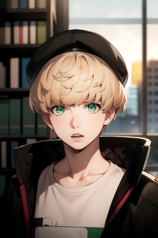 photorealistic, (4k), depth of field, (Masterpiece), (realistic skin texture), extremely detailed, intricate, hyper detailed, high resolution, professional photography, , depth of field, sharp detail, best quality, , 1boy, solo, male focus, <lora:michael_synduality_noir:0.98>, michael_synduality_noir, blonde hair, green eyes, , , hat, bookstore,