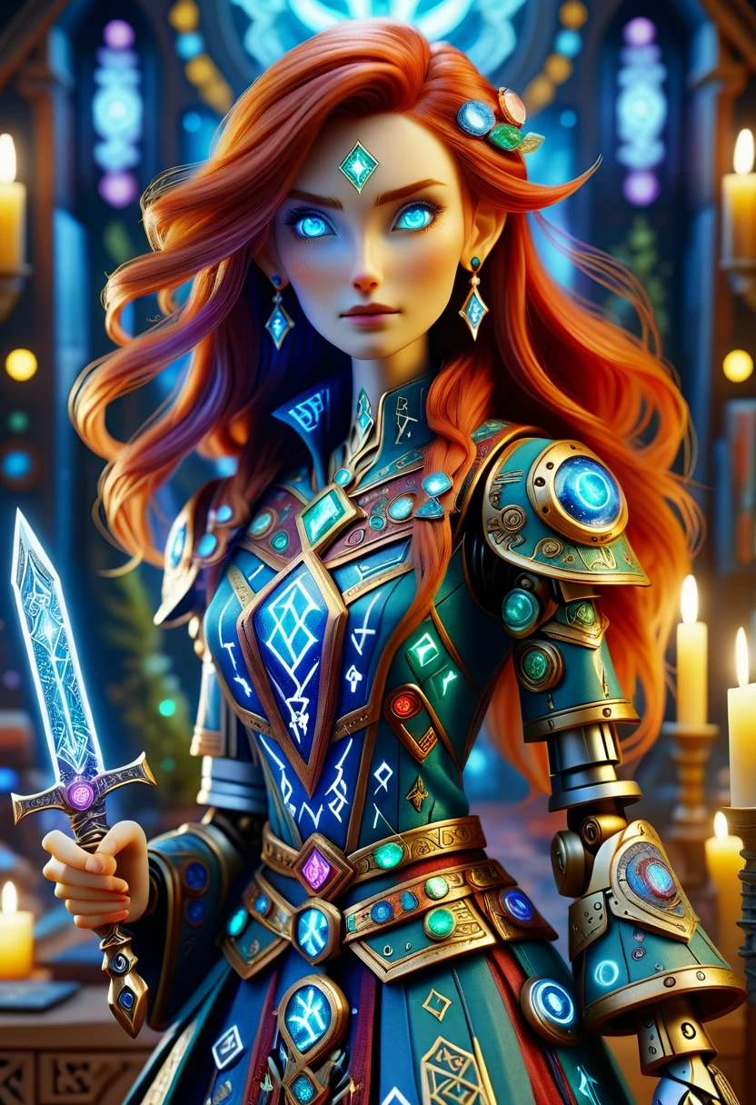 hyper detailed masterpiece,DonMMy51ic4lXL, female pakled, robot psychologist,, enchanted dagger , runes <lora:DonMMy51ic4lXL-v1.1-000006:0.8>