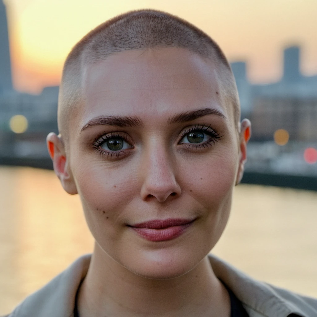 Bald head, buzzcut, no hair, (Skin Texture, pores, natural,iPhone,RAW)), mabeer, natural lighting, Highest Quality closeup Portrait photo of a woman wearing no makeup with a buzzcut, Nikon Z9, realistic matte skin, blurry city in the background, 8K, smiling. <lora:eliolsen2_xl_3_standard_merger_36_41_72_03_03_04:1>