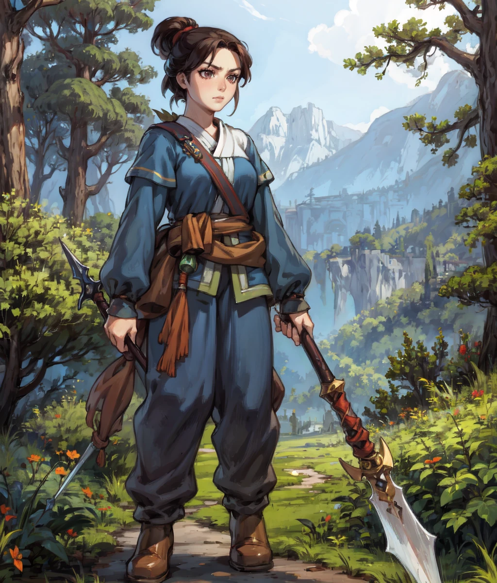 masterpiece, high res, detailed face, detailed eyes, anime screencap, 1 girl, solo, slender, angry, flames, spear, brown hair, top knot, blue costume, spear on shoulder, outdoors, forest, cowboyshot full body <lora:Tomo:0.9>