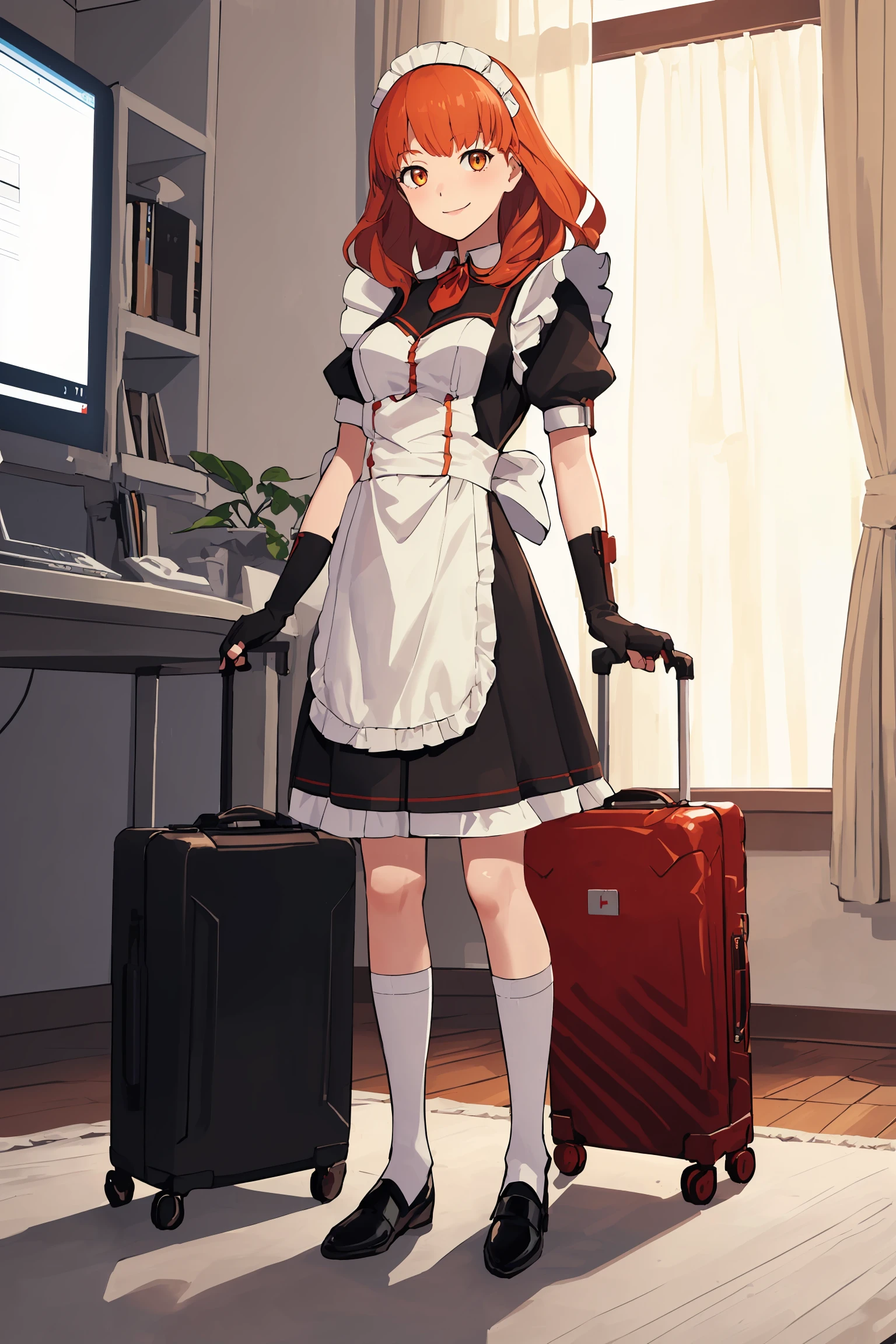 masterpiece, best quality, absurdres, 1girl, solo, smile, standing, facing viewer, <lora:EPfeCelica-08:0.7>, EPfeCelica, orange eyes, red hair, from afar, full body, bedroom, computer monitor, evening, arm support, maid outfit, fingerless gloves, luggage carrier, relaxed