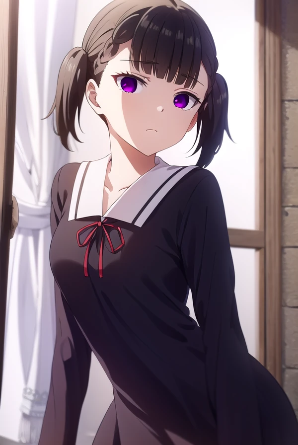 makishijou, <lora:maki shijou s3-lora-nochekaiser:1>,
maki shijou, bangs, blunt bangs, (purple eyes:1.1), twintails, two side up, braid, short twintails,
BREAK long sleeves, dress, ribbon, school uniform, black dress, red ribbon, neck ribbon, collared dress, shuuchiin academy school uniform,
BREAK indoors, classroom,
BREAK looking at viewer, (cowboy shot:1.5),
BREAK <lyco:GoodHands-beta2:1>, (masterpiece:1.2), best quality, high resolution, unity 8k wallpaper, (illustration:0.8), (beautiful detailed eyes:1.6), extremely detailed face, perfect lighting, extremely detailed CG, (perfect hands, perfect anatomy),
