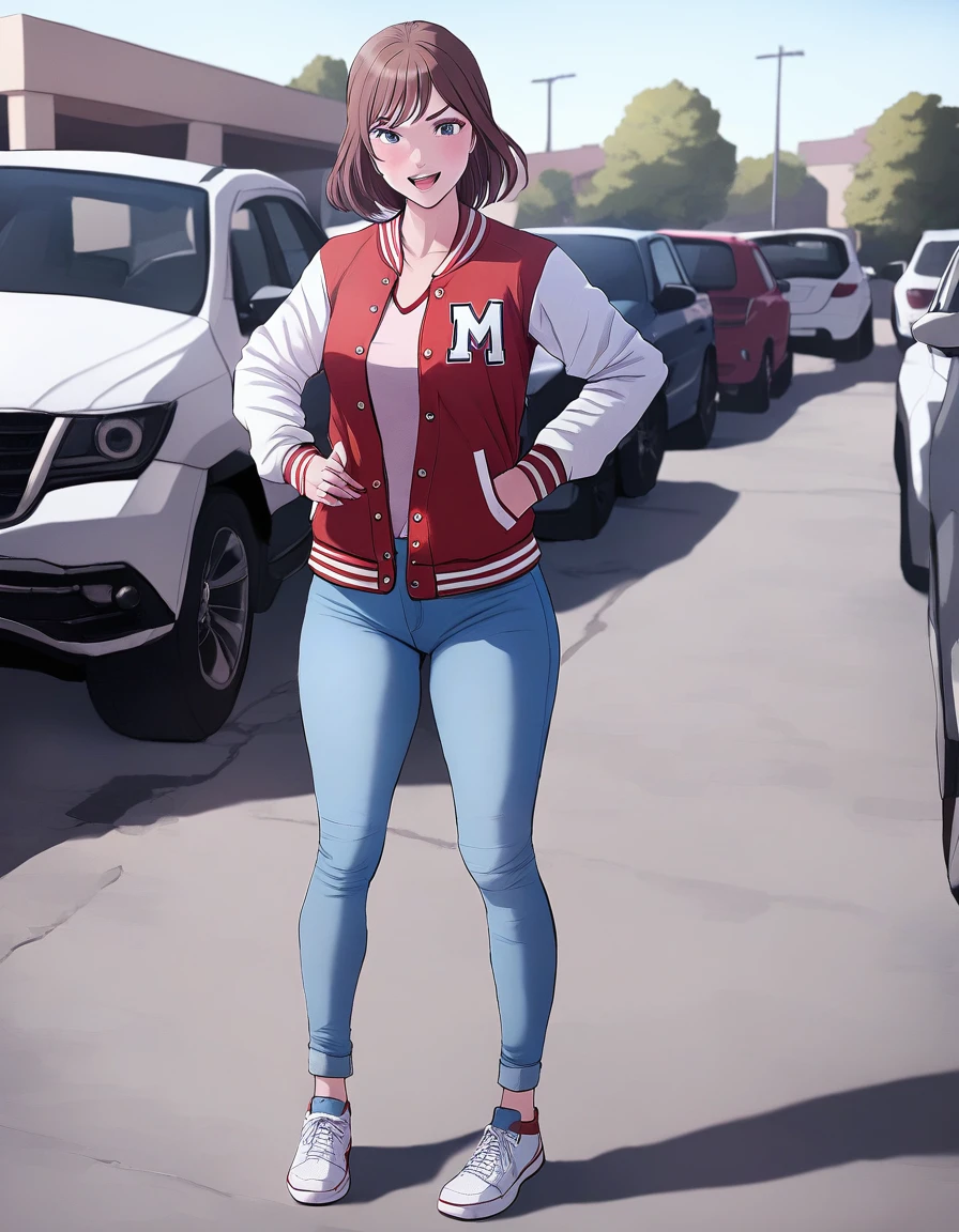 masterpiece,best quality,1girl,sophiemw,standing,full body,long sleeves,red jacket,letterman jacket,denim,blue jeans,sneakers,hands on hips,happy,:d,in parking lot, <lora:SophieXL:0.7>