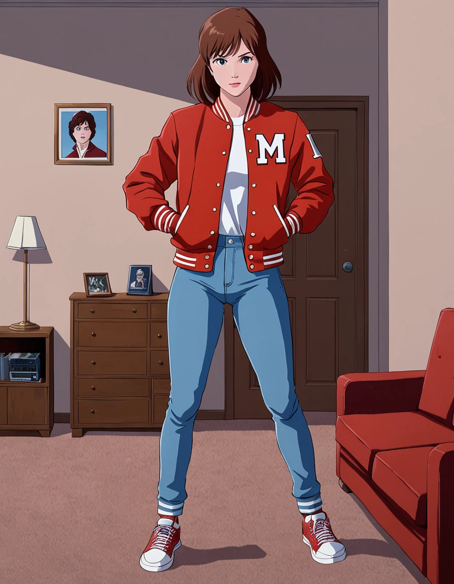 1girl,sophiemw,standing,(style of 1990s anime),full body,long sleeves,red jacket,letterman jacket,denim,blue jeans,sneakers,in apartment,arms at sides, <lora:SophieXL:0.75>