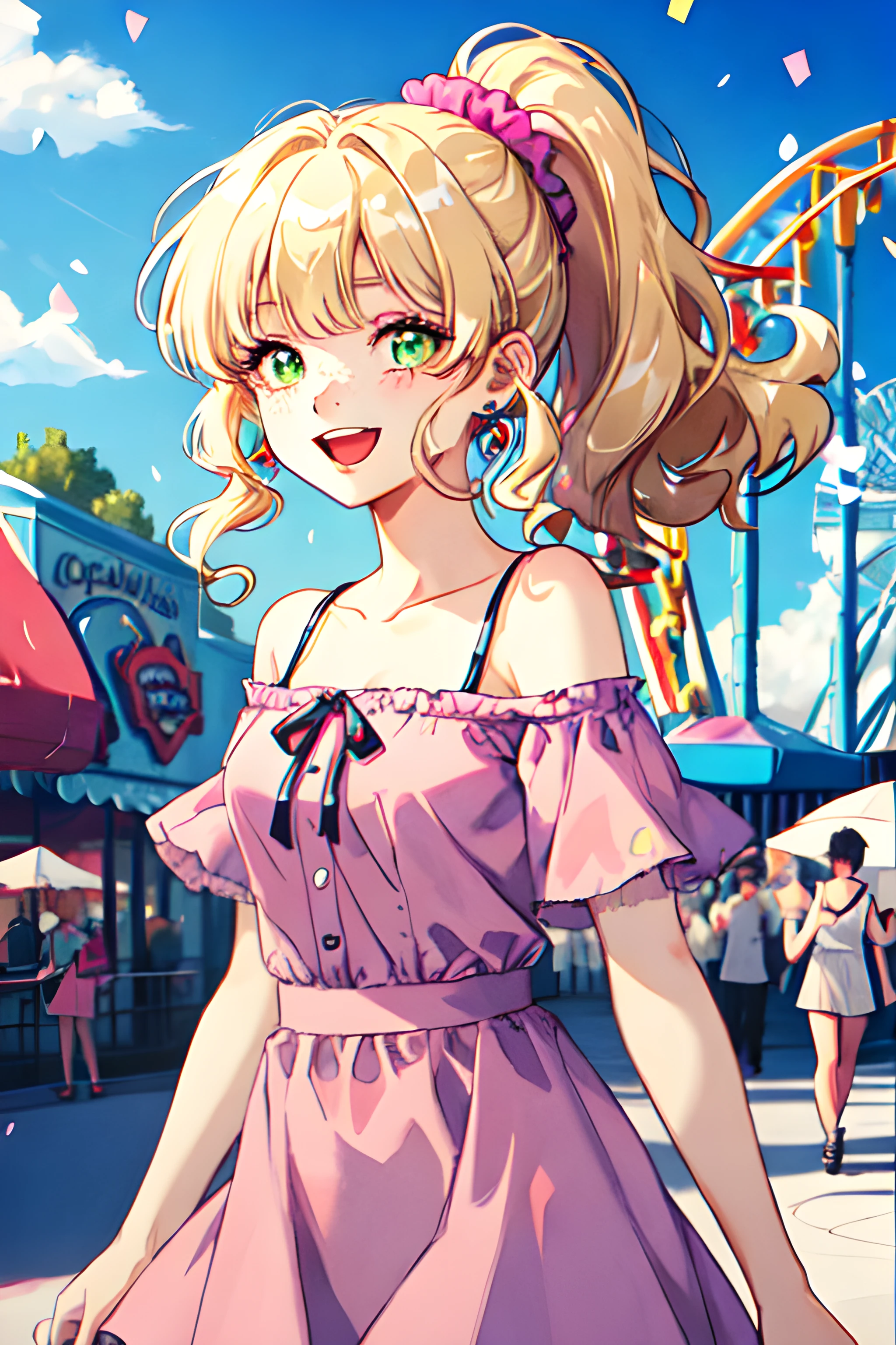 (masterpiece, best quality), 1girl, solo, blonde hair, long wavy hair, high ponytail, asymmetrical bangs, green eyes, small perky breasts, freckles, pale skin, long eyelashes, pink scrunchie, ear piercing, outdoors, amusement park pink short dress, off shoulder, frills, sleeveless, ribbon, walking, happy, open mouth, smile, balloon, confetti, wind, floating, upper body, looking at viewer