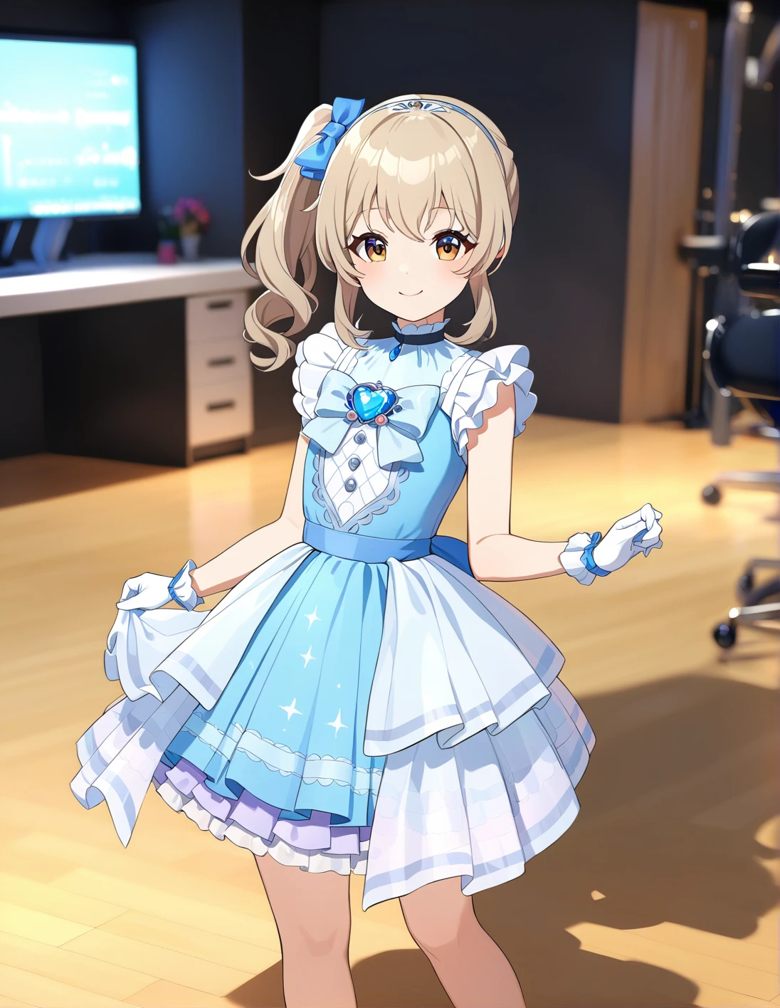 best quality, ultra-detailed, (1girl, solo,  side ponytail, light brown hair, <lora:sdxl-little_my_cinderella-v1:1>,, littlemycinderella, blue dress, sleeveless, standing ,, smile ),in a studio