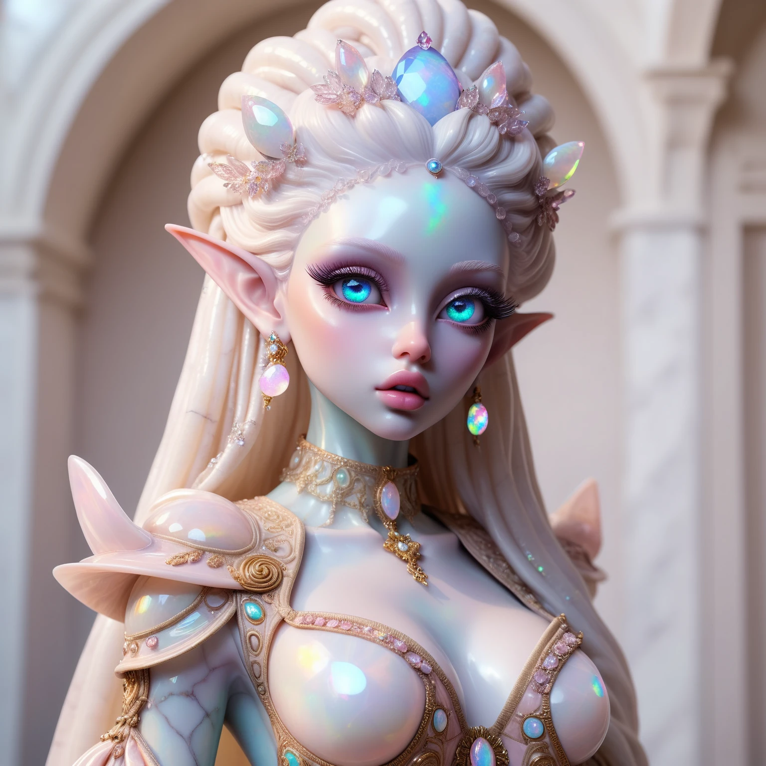 <lora:DMarbleStone:0.8> full body shot of beautiful opal stone elf girl with big detailed eyes and huge lips , opal stone quartz marble skin , gem , (((light opal iridescent stone skin))) , colored skin ,fashion photography of alien with 18th royal queen, marie antoinette, versailles, hyperrealistic, attention to face , fine-grained details, bright colors, photorealistic, bright lights, luminescent, illuminated, white background , versace ,rococo ,8k, extreme detailed , colorful , highest detailed