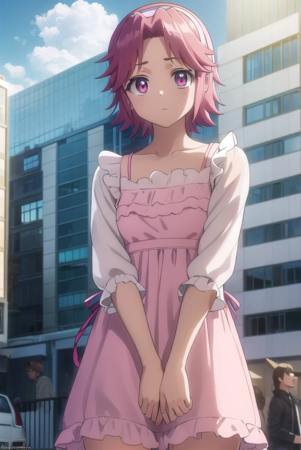 alicemaresato, <lora:alice maresato s1-lora-nochekaiser:1>,
alice maresato, short hair, pink hair, red hair, hairband, (pink eyes:1.3), (parted bangs:1.5),
BREAK dress, frills, long sleeves, pink dress,
BREAK outdoors, city, zombies, sun, sky, clouds, cars,
BREAK looking at viewer, (cowboy shot:1.5),
BREAK <lyco:GoodHands-beta2:1>, (masterpiece:1.2), best quality, high resolution, unity 8k wallpaper, (illustration:0.8), (beautiful detailed eyes:1.6), extremely detailed face, perfect lighting, extremely detailed CG, (perfect hands, perfect anatomy),