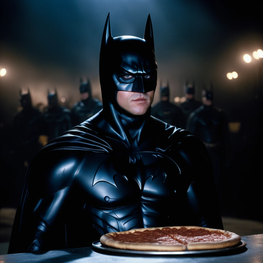 Ultra-realistic extremely detailed real life 8k masterpiece of 1 kilmer batman eating pizza, extremely detailed facial features, dark scary epic lighting, horror composition <lora:kilmer batman:0.7>