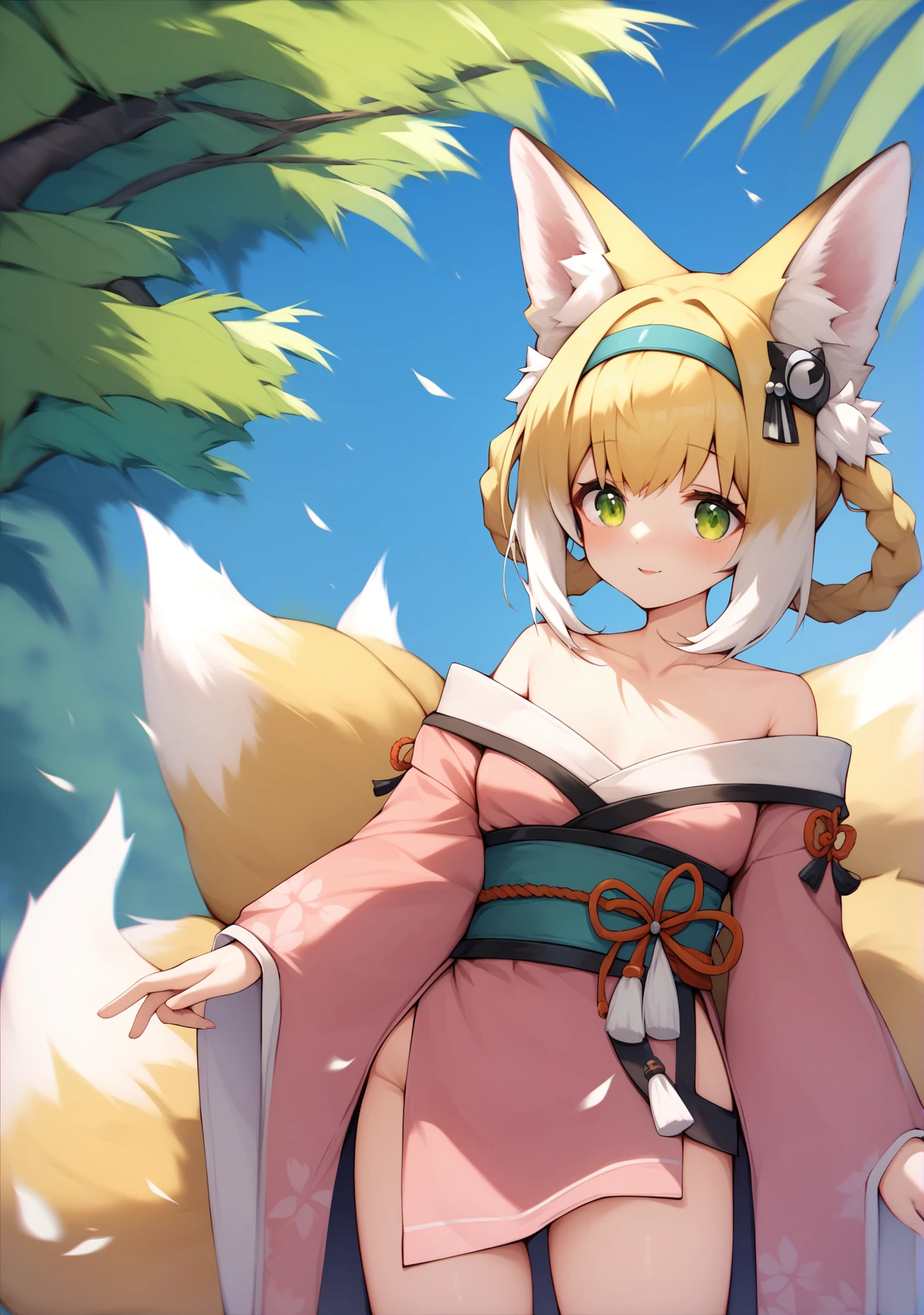 score_9, score_8_up, score_7_up, score_6_up, best quality, masterpiece, uncensored, source_anime,
a cute fox girl posing in front of epic scenery, she is happy and calm, revealing and teasing yet sfw,
1girl,suzuran \(arknights\), collarbone, green eyes, animal ear fluff, blonde hair, hairband, braided hair rings, fox ears, fox tail, kitsune, multiple tails, hair rings, small breasts, pink kimono, hand on own hip, clothes cutout,hips, off shoulder