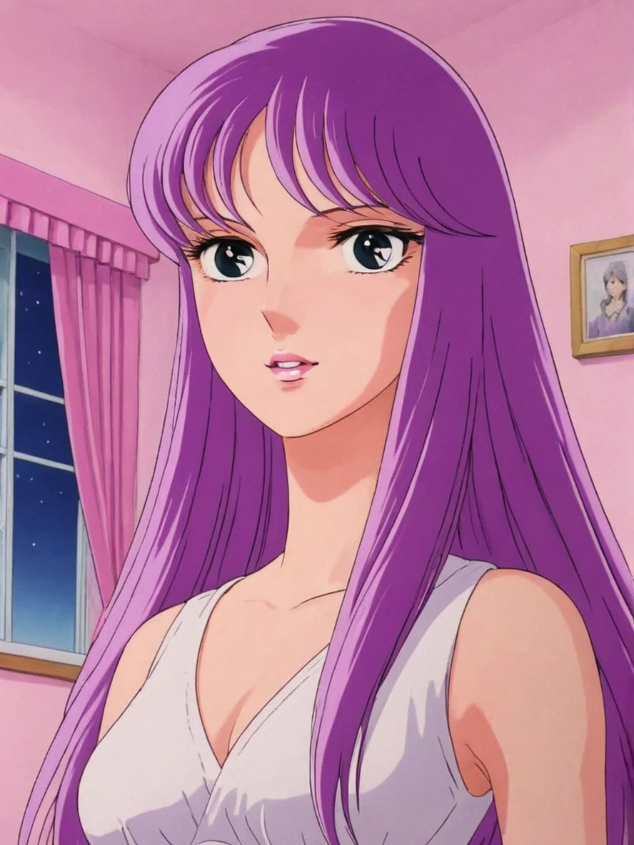 Anime illustration portrait of s40r1k1d0 woman, (in a pink bedroom)+, purple hair