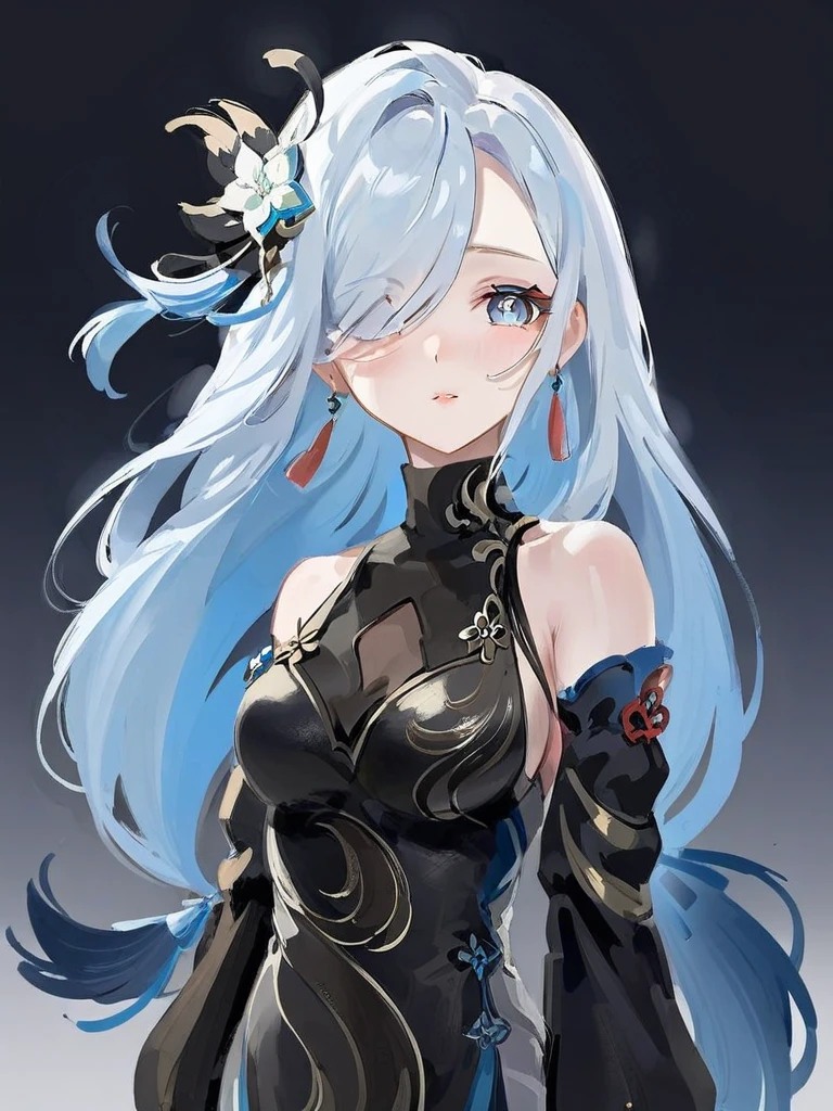 <lora:xl_shenhe(lenghuayoulu)2-000012:1>,shenhe is a girl with light blue hair and blue eyes,She is wearing the "Lenghuayoulu" outfit which includes black china dress and black black sleeves,, masterpiece, best quality,