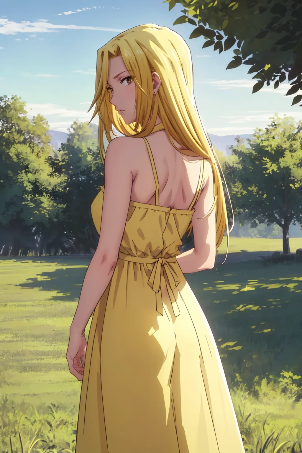 ultra detailed, sharp focus, best quality, masterpiece, colorful, high contrast, dynamic lighting, intricate details, 1girl, solo, <lora:NSArisaBasket:1> NSArisaBasket, blonde hair, yellow sundress, looking back, from behind, looking at the viewer, POV, grassy field, summer day