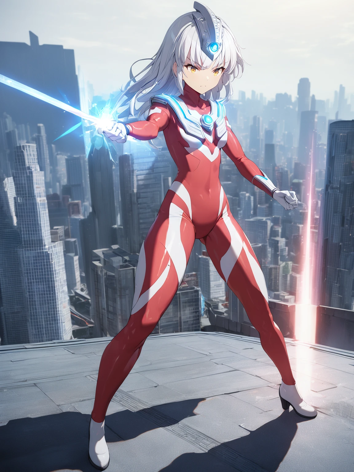 1girl, ultragirl, bodysuit, giantess, solo, standing, full body, small breasts, ultra beam from hands toward front, spacium beam, fighting stance, serious face,
all intricate, extremely detailed 3d cg wallpaper, best quality, masterpiece, detailed building behind, cityscape, stylish posing,
<lora:SDXL_Ultragirl1:1>