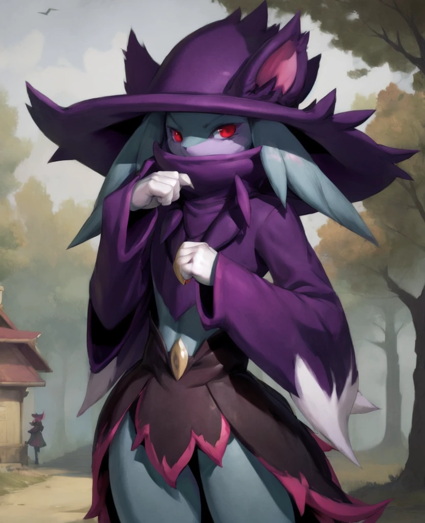 <lora:Katress_Palworld_v1.0_:1> palkatress, anthro, solo, ambiguous gender, standing, forest, detailed background, mouth covered, by darkgem, by wkar, by teranen,