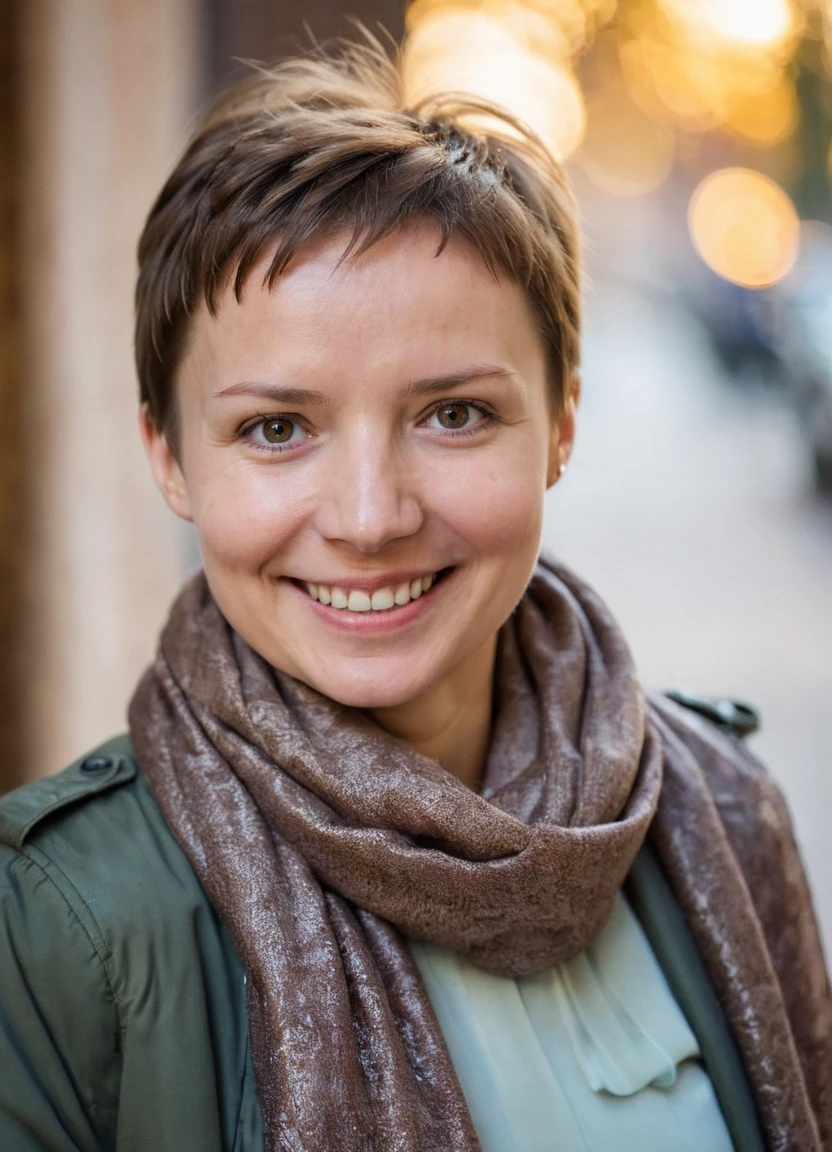 marinagrankova, a woman with short brown hair, upper body, dress jacket, scarf, smile, pants, soft light, bokeh, shallow depth of field,
<lora:MarinaGrankova_XL:0.8>