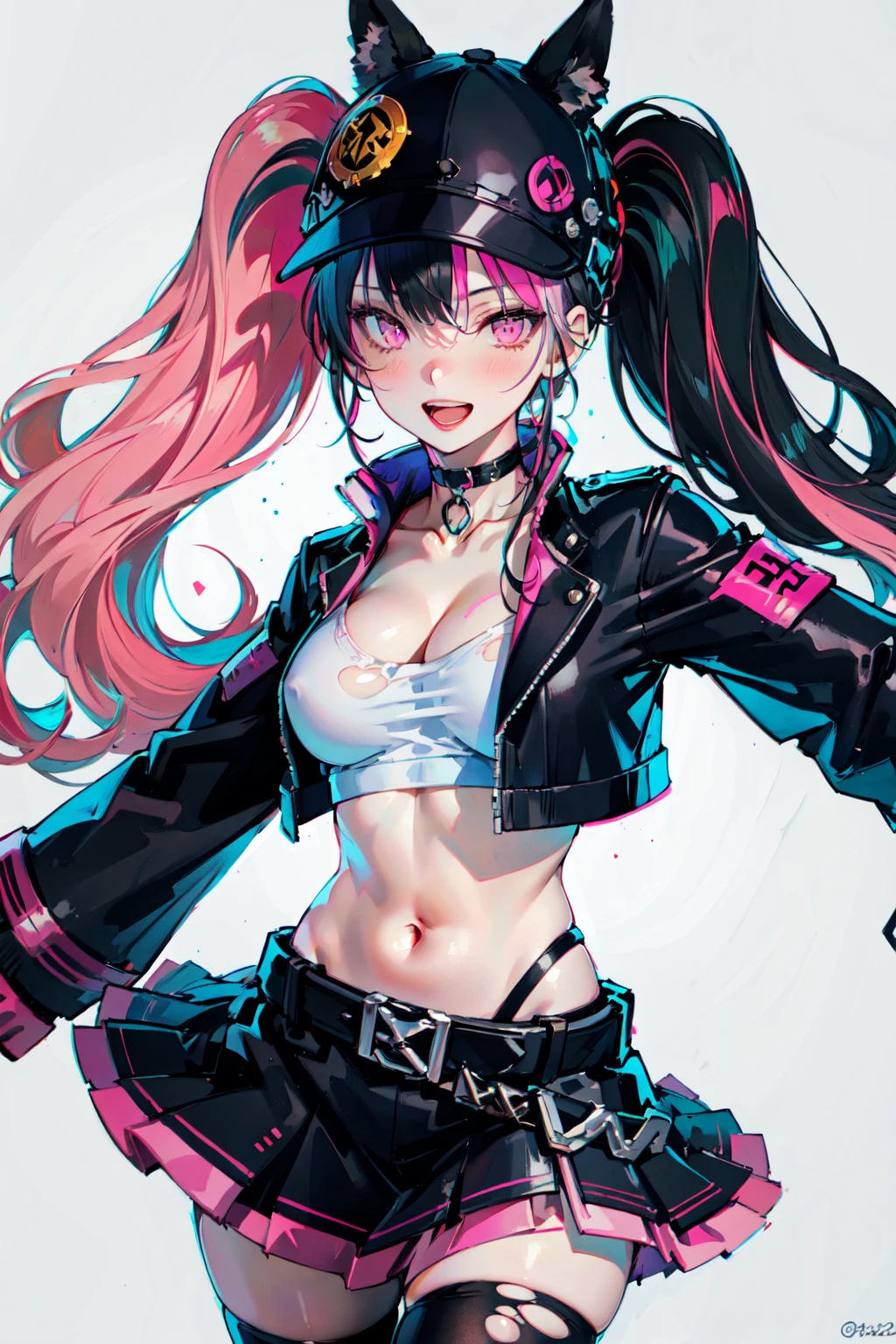 -1girl,solo,pink hair,long hair,cleavage,breasts,choker,hat,?,crop top,torn clothes,skirt,twintails,multicolored hair,black hair,open mouth,midriff,single thighhigh,jacket,belt,thighhighs,frills,long sleeves,smile,black choker,pantyhose,black headwear,<lora:zoe Palworld_20240126194346:0.8>,