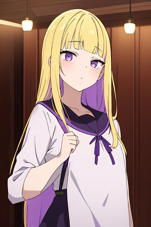 masterpiece, best quality, <lora:ReimiItsushiro:1>, 1girl, solo, yellow hair, long hair, bangs, purple eyes, blunt bangs, sidelocks, purple colored inner hair, 22 years old, bangs, blunt bangs