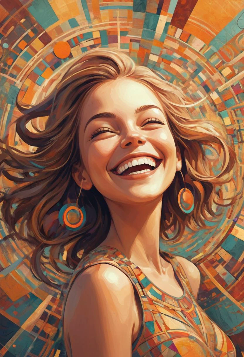 Abstract digital painting of a woman smiling joyfully, her face is made of radiating geometric objects, circles, square, and other intricate patterns and lines
