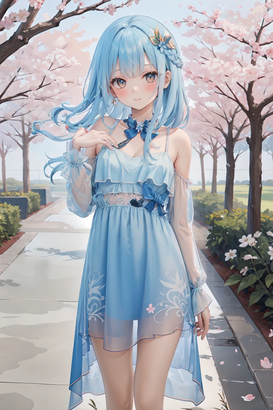 masterpiece,best quality,highres,ultra-detailed,cowboy shot,solo,1girl,medium_breasts,long hair,blue hair,standing,outdoors,garden,cherry blossom,trees,chiffon_dress,(see-through:1.2),