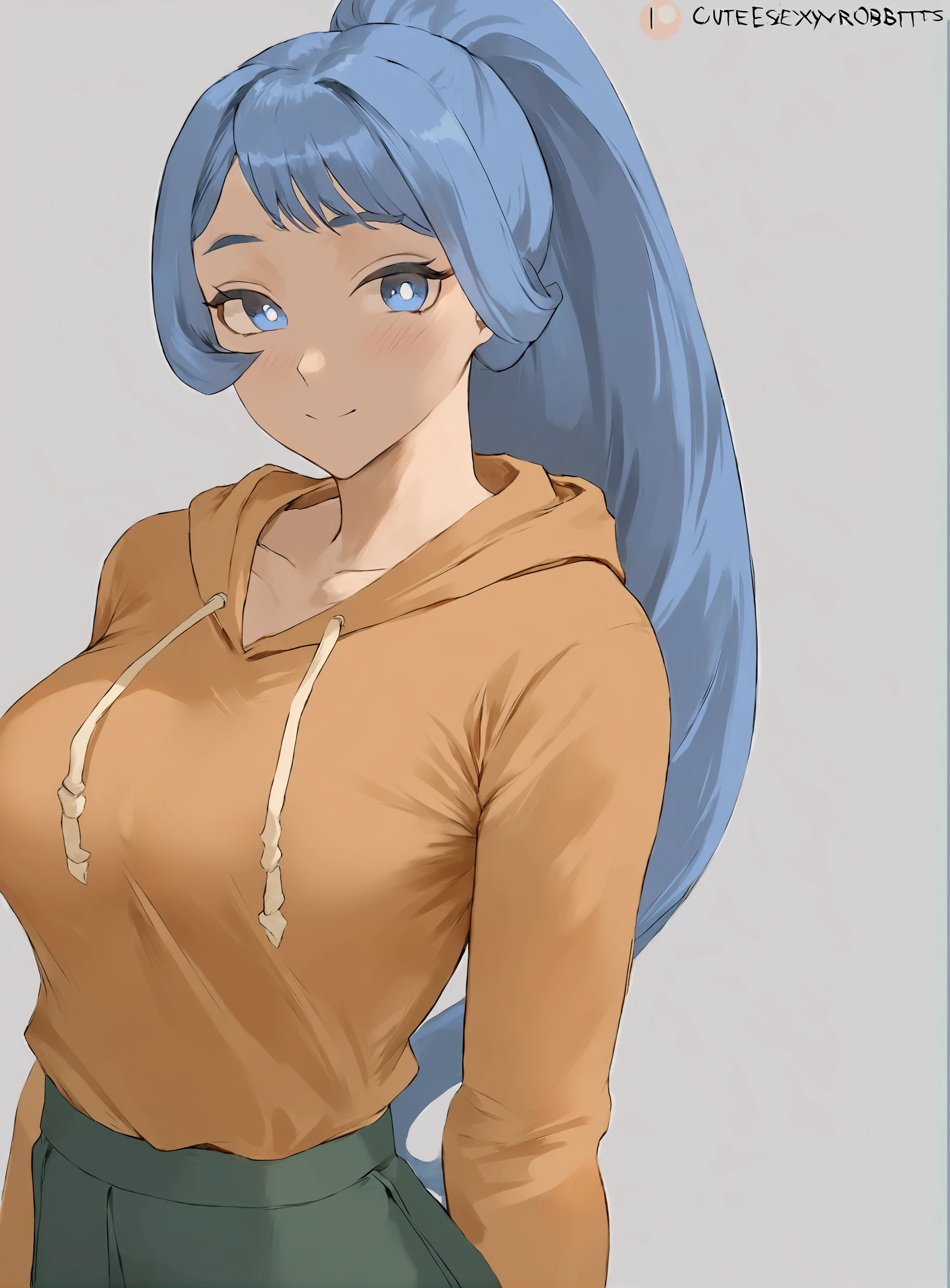 <lora:CSR:0.9>,Nejire Hado, 1girl, blue hair, smile, blue eyes, white background, looking at viewer,simple background,mouth closed,medium breasts, blush, <lora:NejireAnimagine4:0.8>, adult, ponytail, masterpiece, best quality,  cowboy shot,  school uniform, green pants,orange hoodie, arms at sides,
cutesexyrobutts style,